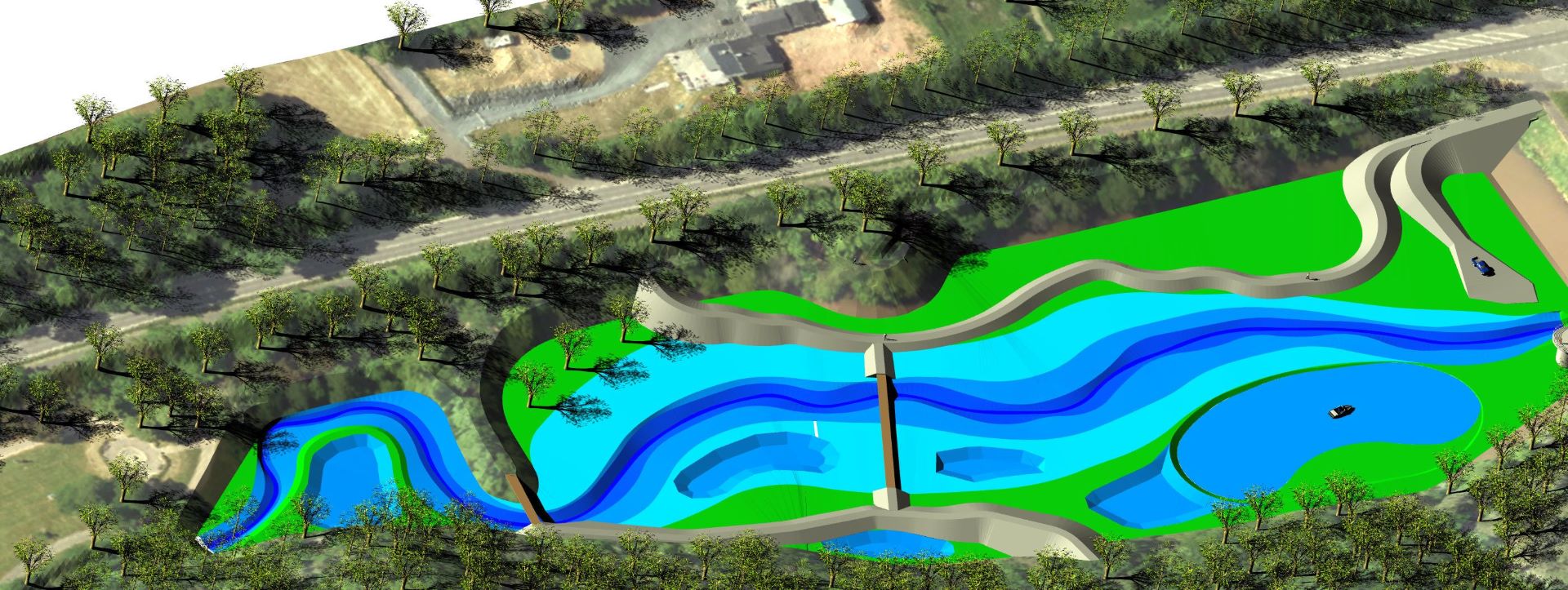 Der Mühlensee soll zum Rückhaltebecken umgestaltet werden. So sehen die aktuellen Visualisierungen zu den Planungen aus, rechterhand ist die Staumauer. Frühester Baubeginn ist Ende 2025. Grafik: Erftverband/pp/Agentur ProfiPress
