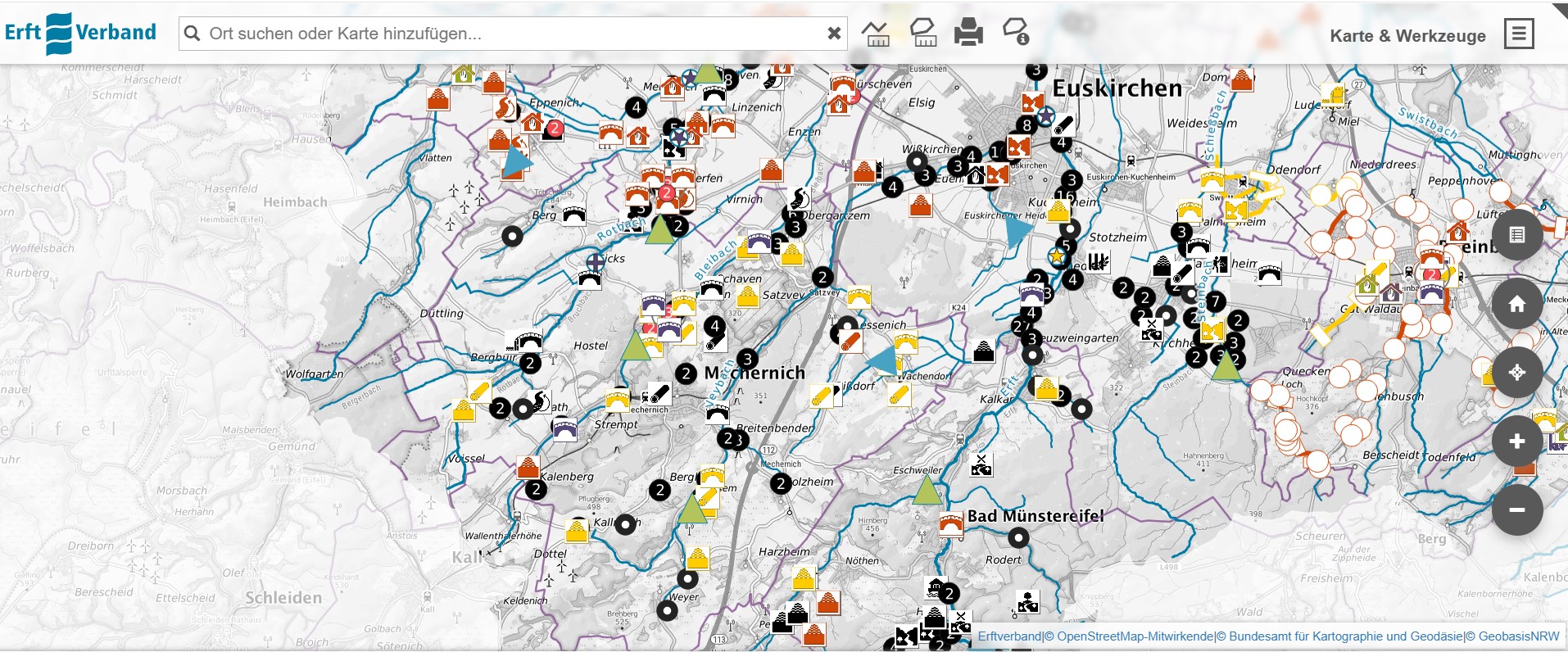 Mit dem sogenannten WebGis stellt der Erftverband ein interaktives Werkzeug zur Verfügung, mit dem alle Maßnahmen eingesehen werden können. Es ist über www.erftverband.de abrufbar. 