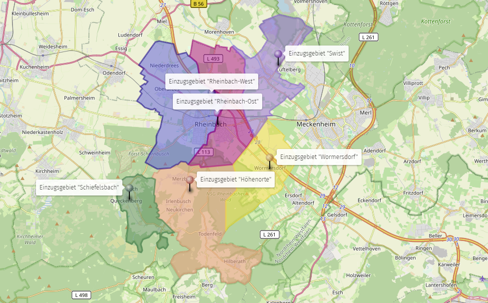 Übersichtskarte der Gewässereinzugsgebiete rund um Rheinbach